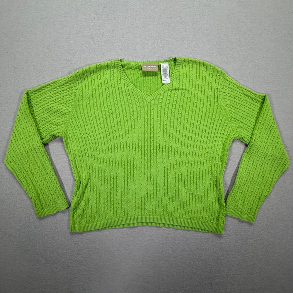 Liz Claiborne Sweater Womens XL Good Lime Green Cable Knit V-Neck Cotton